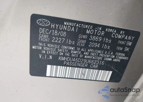 2009 Hyundai Elantra Gls из США, поврежденный, VIN KMHDU46D29U662316